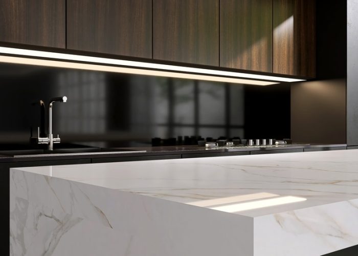 Elegant,Kitchen,With,Modern,White,Marble,Island,,Black,Cabinet,Counter,