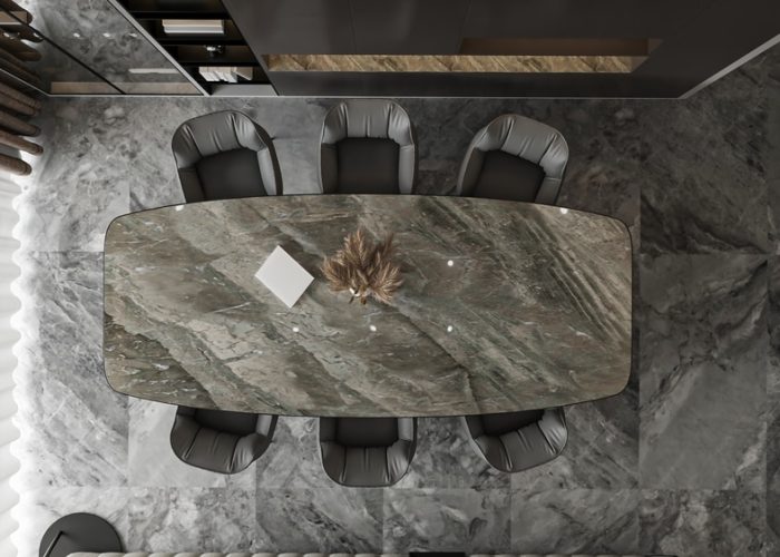Luxury,Dining,Room,With,Marble,Table,And,Leather,Chairs,,Overhead