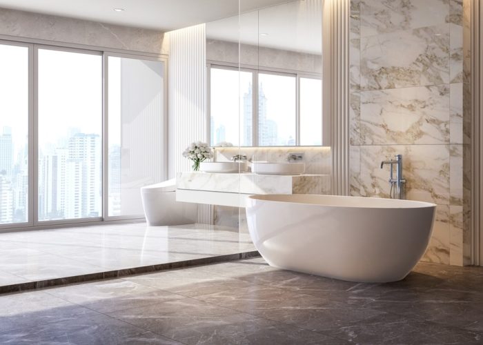 Modern,Style,Luxury,White,Bathroom,With,Marble,Stone,3d,Render