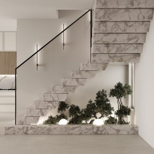 Minimalist,Home,Design,With,Marble,Half-turn,Staircase,With,Glass,Railings,