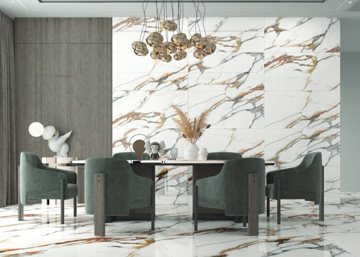 Minimalist,Dining,Room,Interior,Design,,White,Marble,With,Silver,And