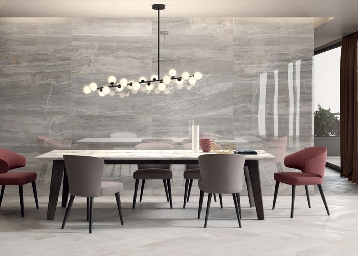Pleasing,Dining,Area,With,Floor,And,Wall,Decor,Made,Of